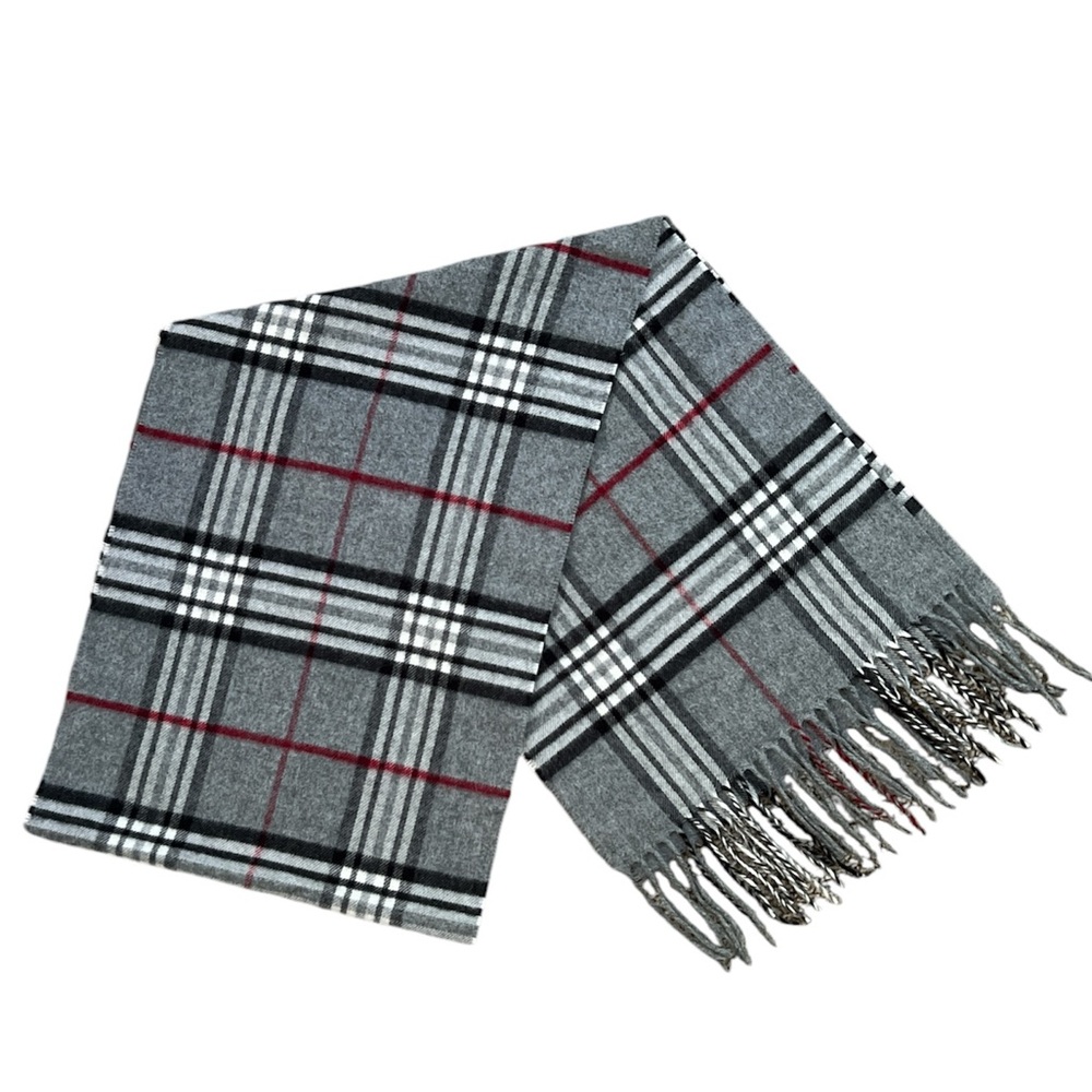 Cashmink V.‎ Fraas Gray Plaid Fringed Scarf  65” x  11.75”